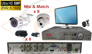 CCTV HD Security Camera System 5 in 1 5MP Standalone 8 Port DVR w/ 5MP HD Coax Cameras, Cables, HDD and Monitor
